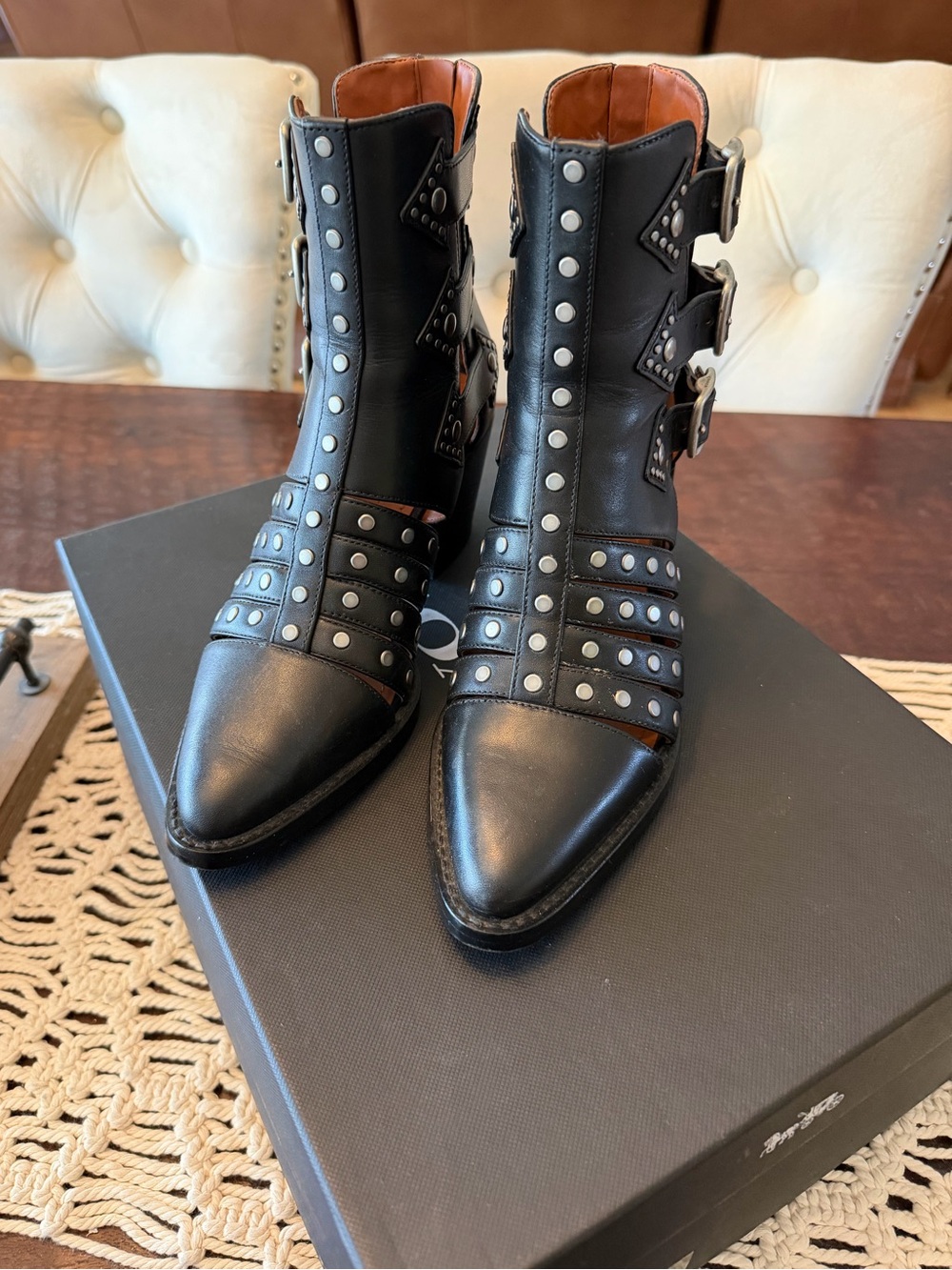 Coach Phoebe Studded Leather Boots - Black/Silver - 5.5B